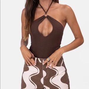 Adika Brown Halter Ring Keyhole Bodysuit